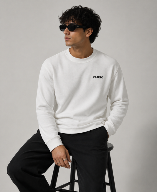 ZARERO White Waffle knit Oversize Full Sleeves T-shirt