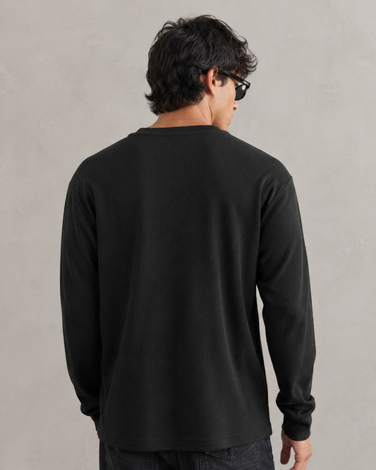 Black Henley Waffle Knit