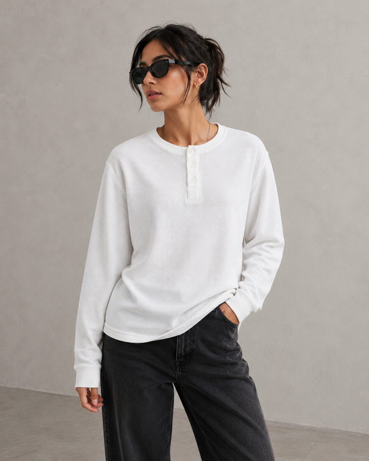 White Henley Waffle Knit