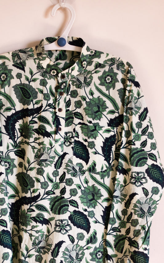 Beige With flower Jaal design Printed Men’s Pure Cotton Short Kurta
