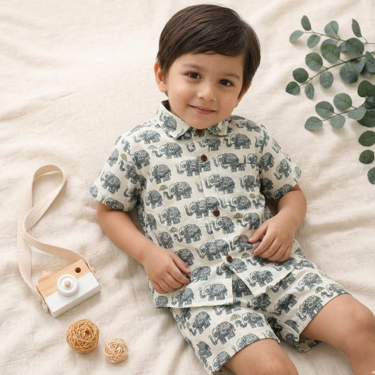 100% Pure Cotton Kids Co-ord set Off White with Green Elephant Print