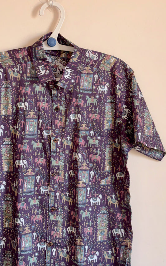 Purple With Intricate Design Printed Men’s Half Sleeves Pure Cotton Shirt