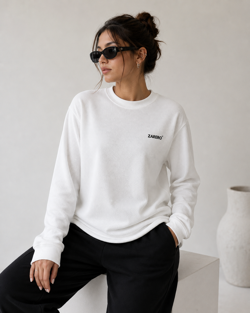 ZARERO White Waffle knit Oversize Full Sleeves T-shirt