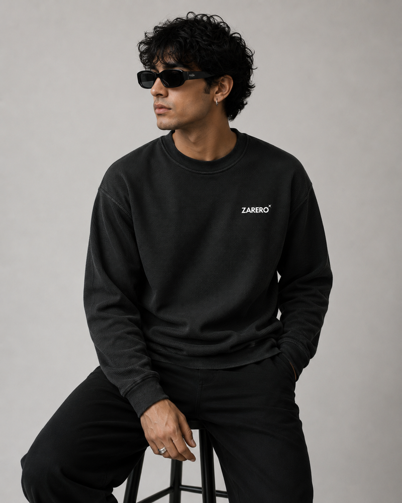 Black Waffle knit Oversize Full Sleeves T-shirt