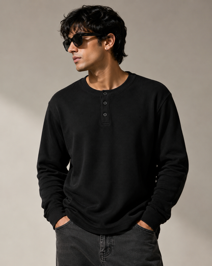 Black Henley Waffle Knit