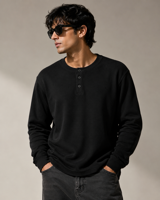 Black Henley Waffle Knit