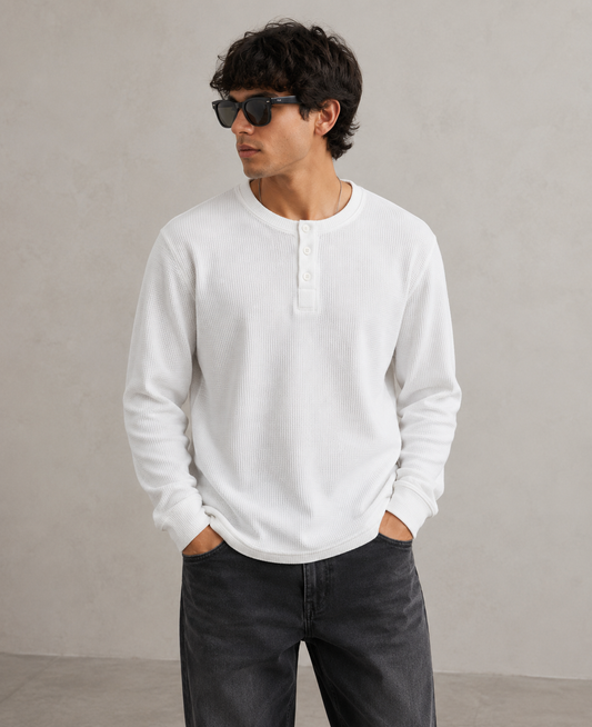 White Henley Waffle Knit