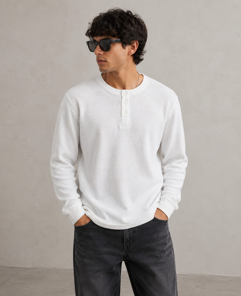 White Henley Waffle Knit