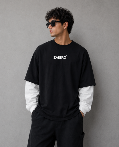 Zarero Black With White Long Sleeve Oversized  T-shirt