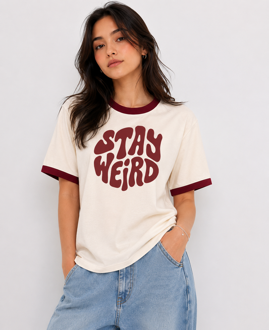STAY WEIRD Off White With Maroon Ringer T-shirt
