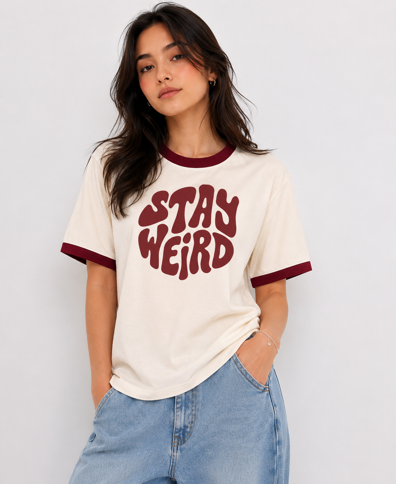 STAY WEIRD Off White With Maroon Ringer T-shirt
