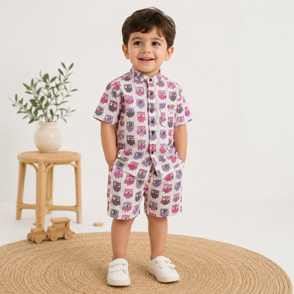 100% Pure Cotton Kids Co-ord set Off White With Owl Print