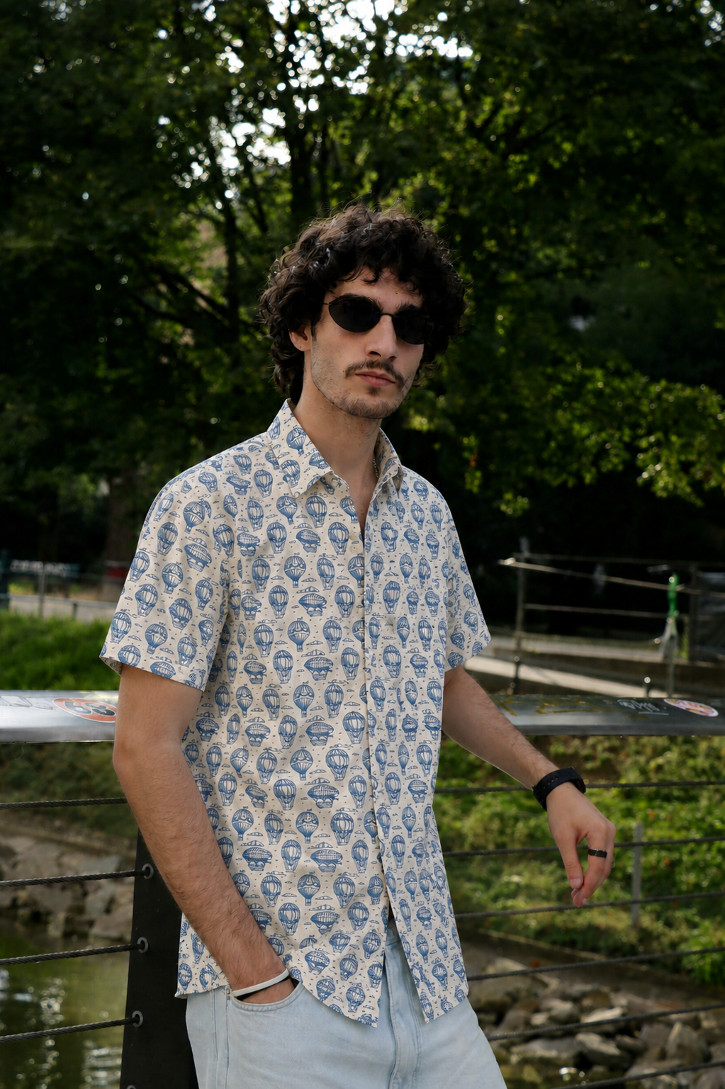 Off White  With Parashoot Motif  Design Printed Men’s Half Sleeves Pure Cotton Shirt