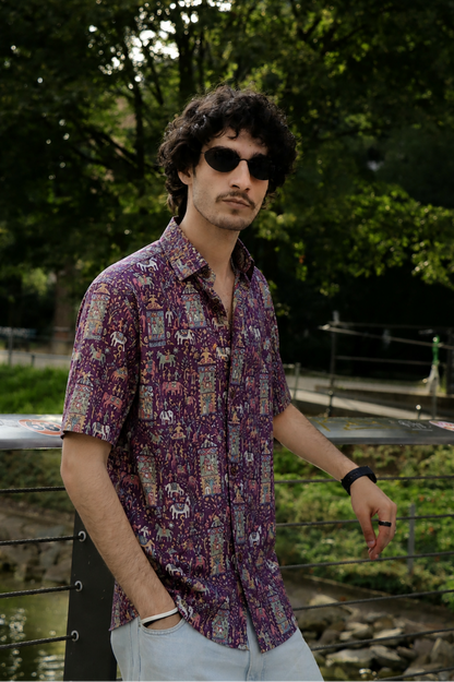Purple With Intricate Design Printed Men’s Half Sleeves Pure Cotton Shirt