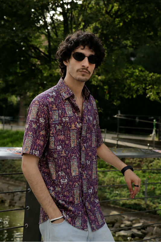 Purple With Intricate Design Printed Men’s Half Sleeves Pure Cotton Shirt