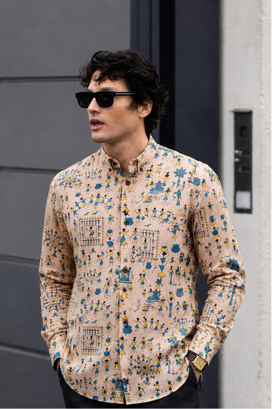 Beige With Warli Art design Printed Men’s Pure Cotton Shirt