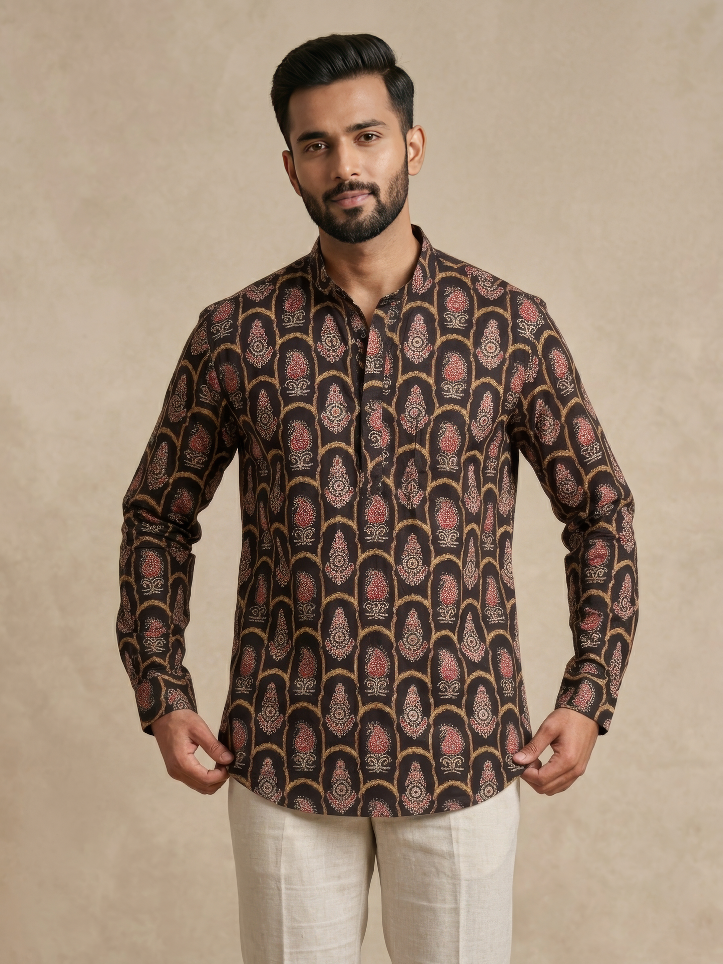 Black With Intricate Design Printed Men’s Pure Cotton Short Kurta