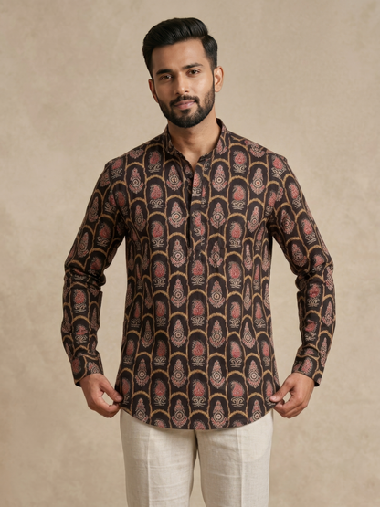 Black With Intricate Design Printed Men’s Pure Cotton Short Kurta