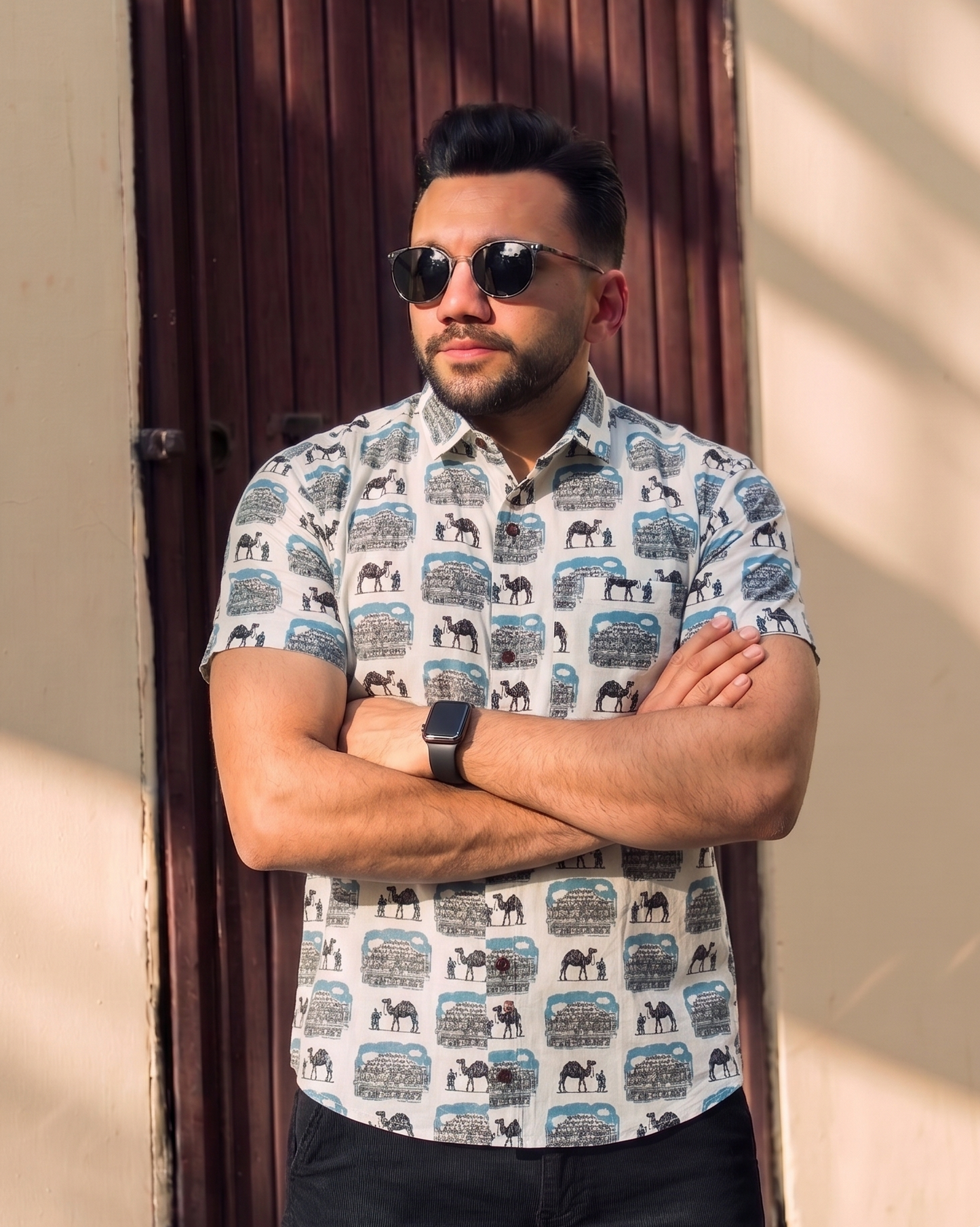 Off White  With  Mahal  Motif  Design Printed Men’s Half Sleeves Pure Cotton Shirt