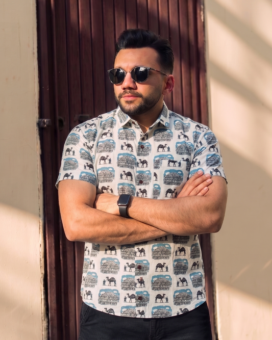Off White  With  Mahal  Motif  Design Printed Men’s Half Sleeves Pure Cotton Shirt