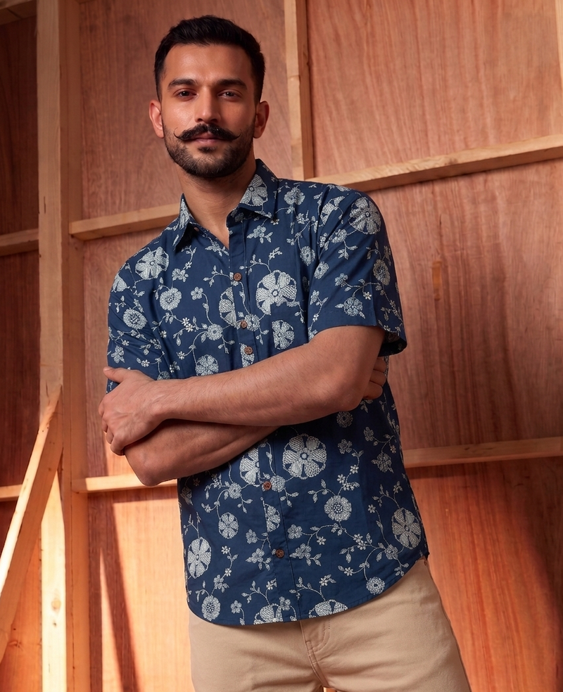 Navy Blue with Floral  Design Printed Men’s Half Sleeves Pure Cotton Shirt