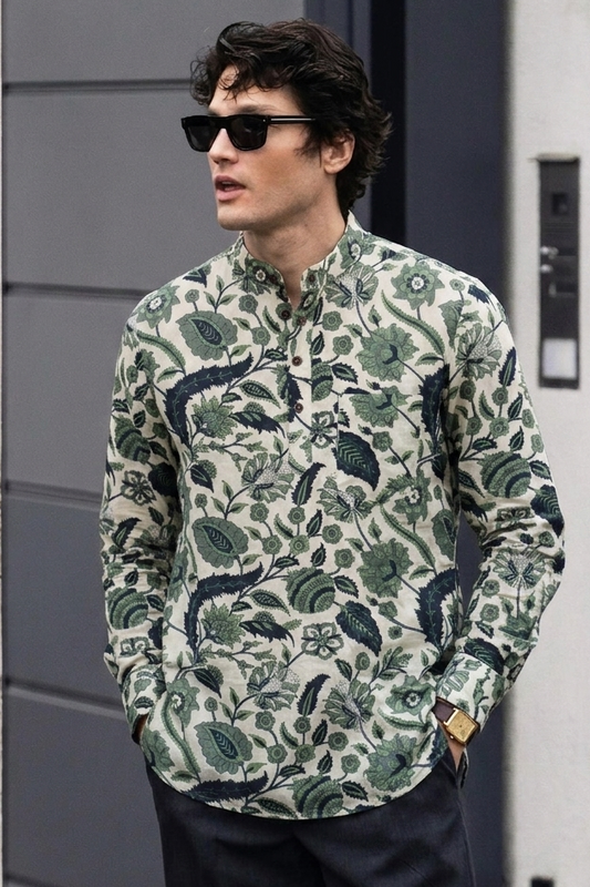 Beige With flower Jaal design Printed Men’s Pure Cotton Short Kurta