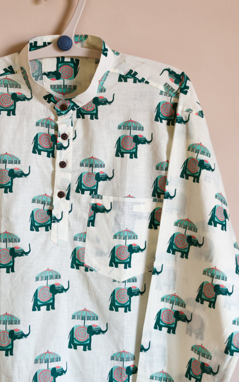 Off White Elephant Motif Printed Men’s Pure Cotton Short Kurta