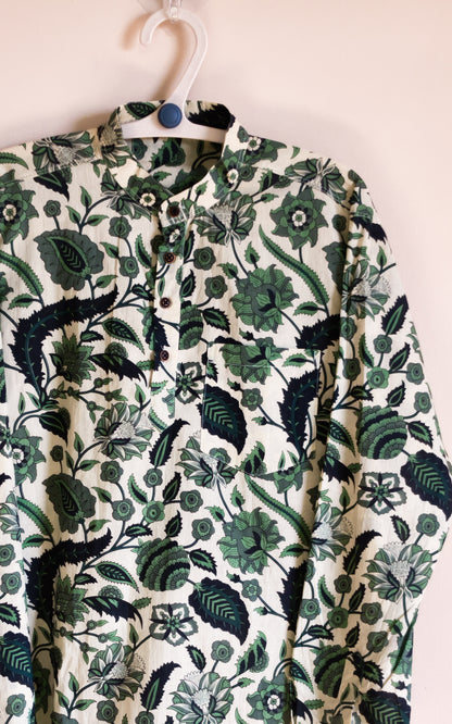 Beige With flower Jaal design Printed Men’s Pure Cotton Short Kurta