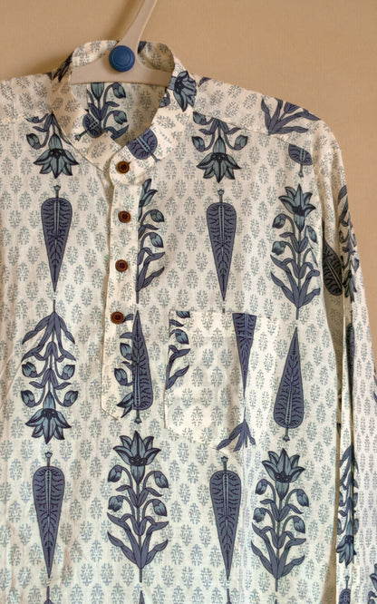 Cream With Flower Motif  design Printed Men’s Pure Cotton Short Kurta
