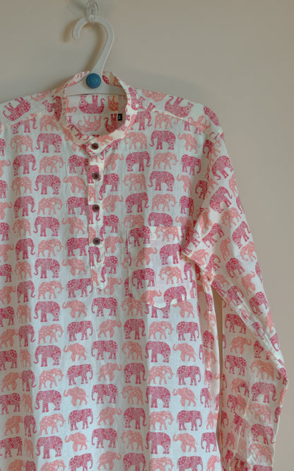 Cream With Elephant Design Printed Men’s Pure Cotton  Short Kurta