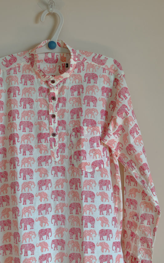 Cream With Elephant Design Printed Men’s Pure Cotton  Short Kurta