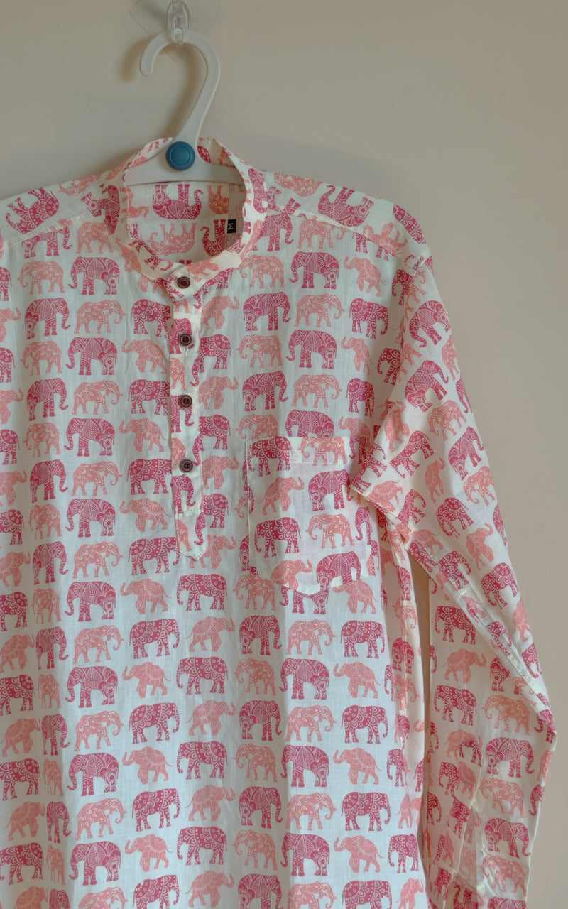 Cream With Elephant Design Printed Men’s Pure Cotton  Short Kurta