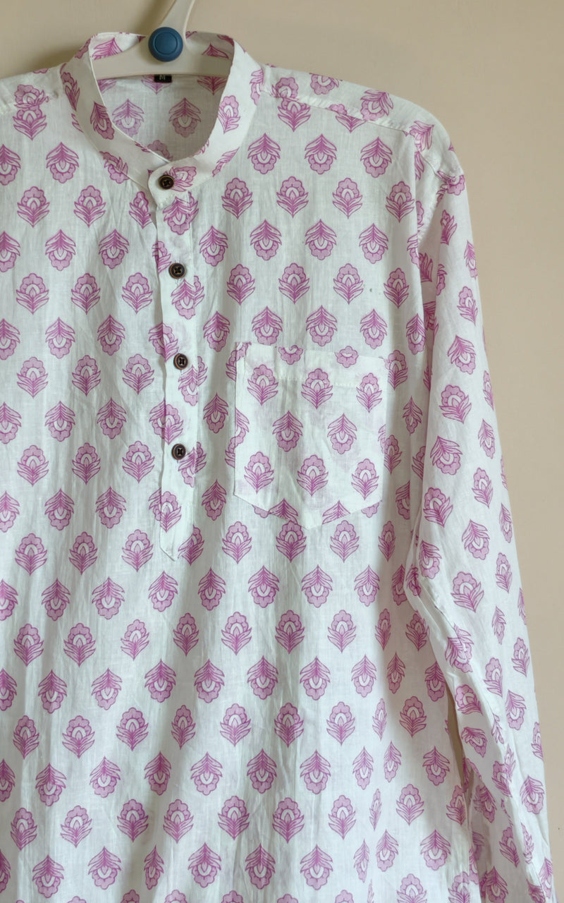white Flower Motif  Design Printed Men’s Pure Cotton Short Kurta