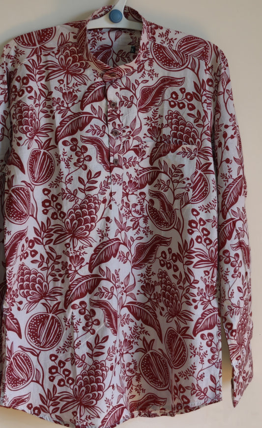 Burgandy floral design Printed Men’s Pure Cotton Short Kurta