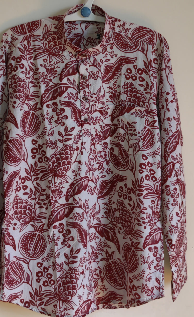 Burgandy floral design Printed Men’s Pure Cotton Short Kurta