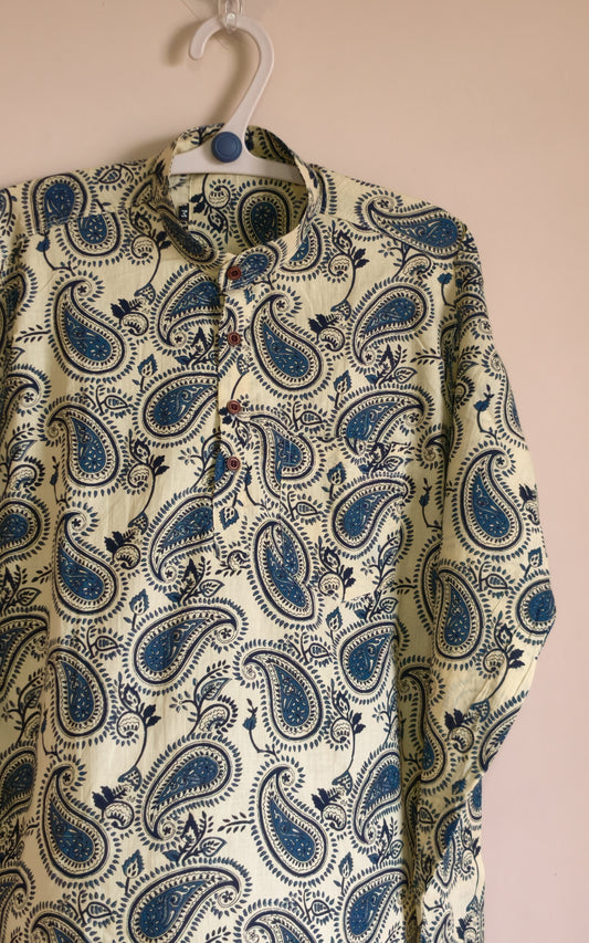 Cream With Kairi Jaal Design Printed Men’s Pure  Cotton Short Kurta