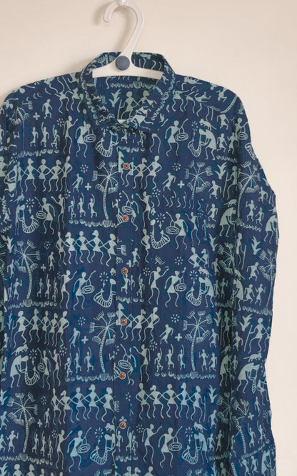 Navy Blue  with Warli Art  design Printed Men’s Full Sleeves Pure Cotton Shirt