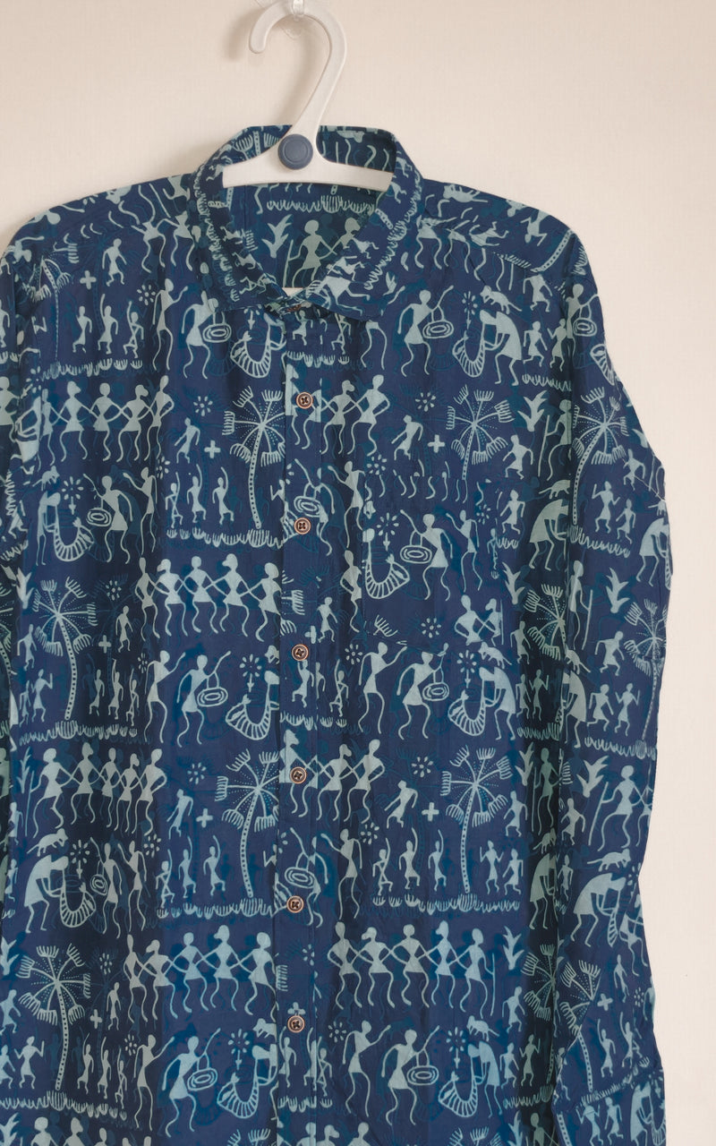 Navy Blue  with Warli Art  design Printed Men’s Full Sleeves Pure Cotton Shirt