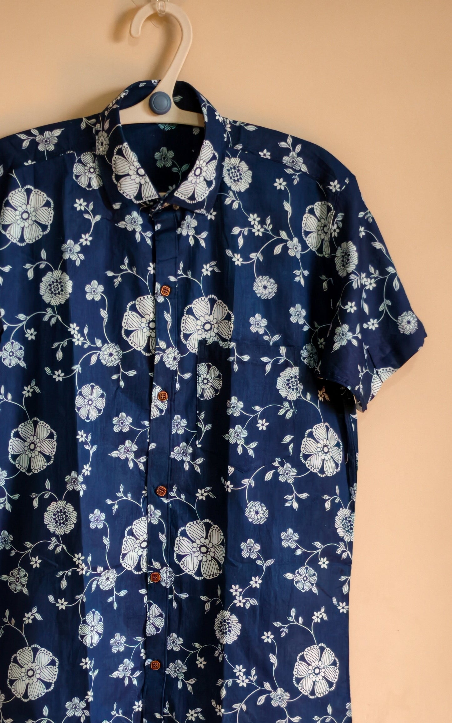 Navy Blue with Floral  Design Printed Men’s Half Sleeves Pure Cotton Shirt