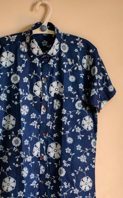 Navy Blue with Floral  Design Printed Men’s Half Sleeves Pure Cotton Shirt