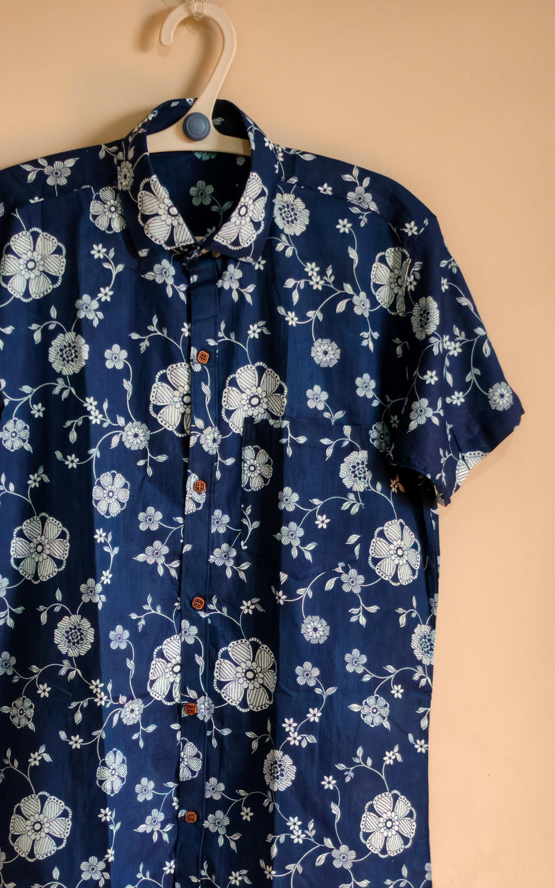 Navy Blue with Floral  Design Printed Men’s Half Sleeves Pure Cotton Shirt