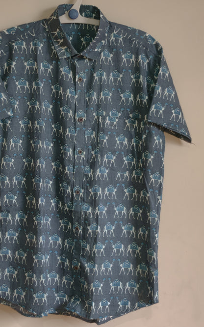 Grey with Camel Design Printed Men’s Half Sleeves Pure Cotton Shirt