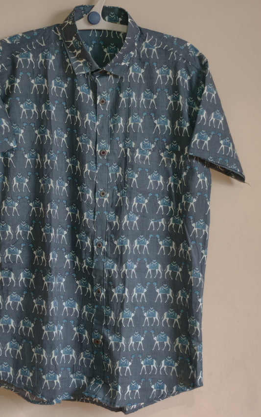 Grey with Camel Design Printed Men’s Half Sleeves Pure Cotton Shirt