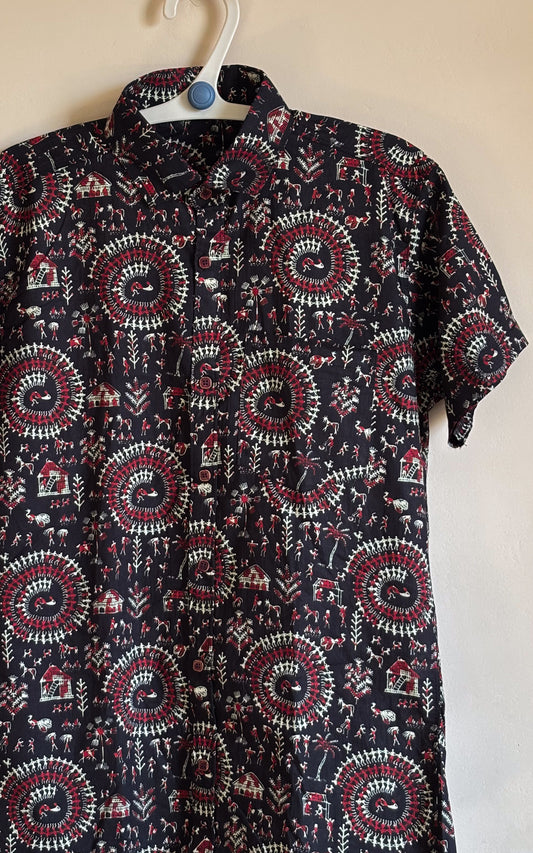 Black With Warli Design Motif Printed Men’s Half Sleeves Pure Cotton Shirt
