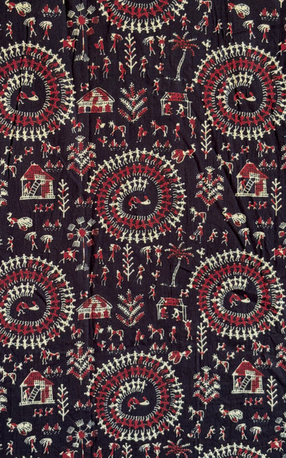 Black With Warli Design Motif Printed Men’s Half Sleeves Pure Cotton Shirt