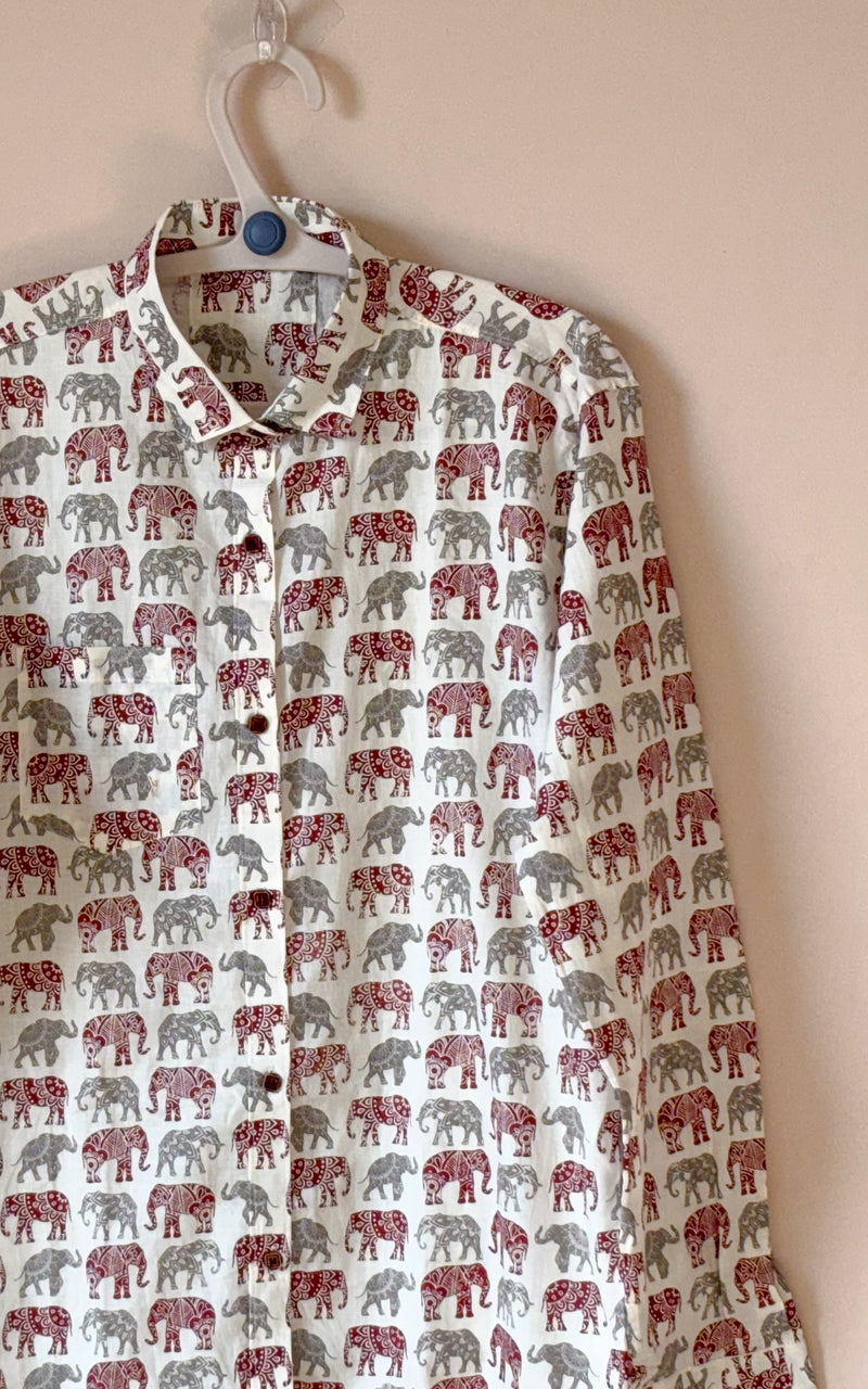 Off White With Elephant Motif  Design Printed Men’s Full Sleeves Pure Cotton Shirt