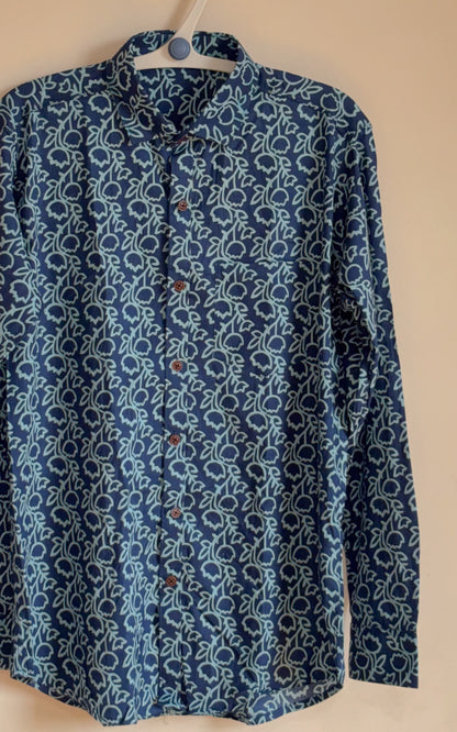 Navy Blue  With Floral  Design Printed Men’s Full Sleeves Pure Cotton Shirt