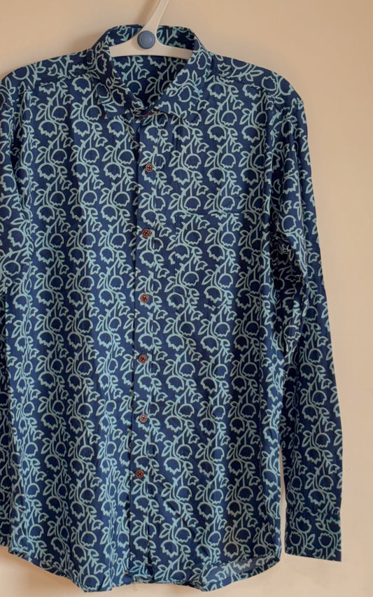 Navy Blue  With Floral  Design Printed Men’s Full Sleeves Pure Cotton Shirt