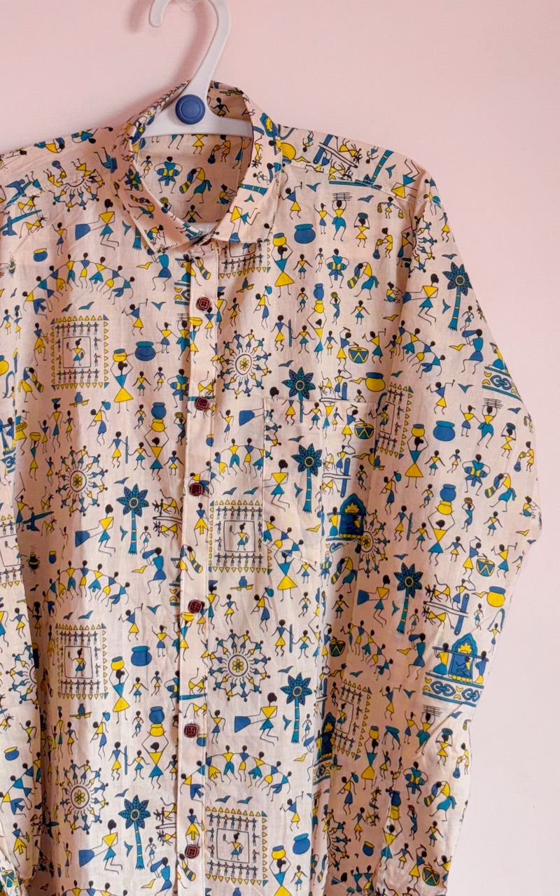 Beige With Warli Art design Printed Men’s Pure Cotton Shirt