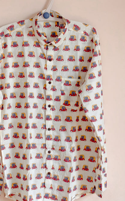 Cream With Vehicle  Motif  Design Printed Men’s Half Sleeves Pure Cotton Shirt